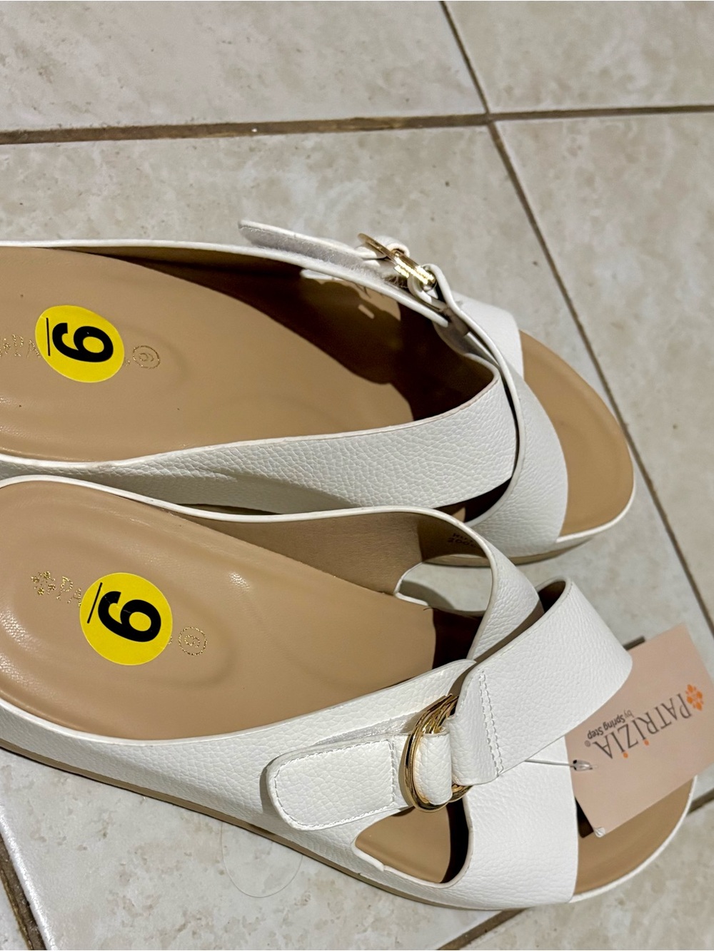White Slip-On Women's Sandals with Gold Buckle Accent